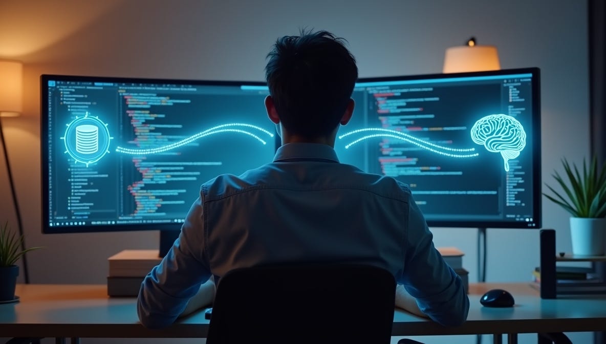 Technical illustration of AI integration with data pipelines showing MCP protocol connecting conversational AI to backend systems
