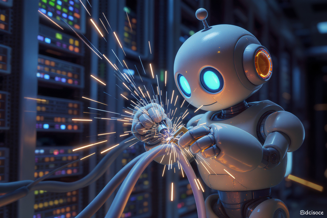 Whimsical robot repairing a frayed network cable to stabilize a server connection