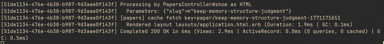 Production log showing a fragment cache read hit