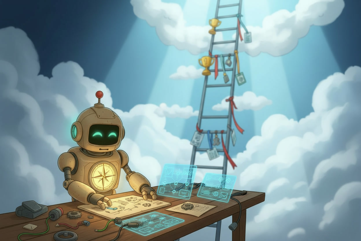 A smiling robot with a glowing compass on its chest tinkers at a workbench covered in workflow sketches, while a ladder hung with trophies, ribbons, and badges climbs into the clouds behind it