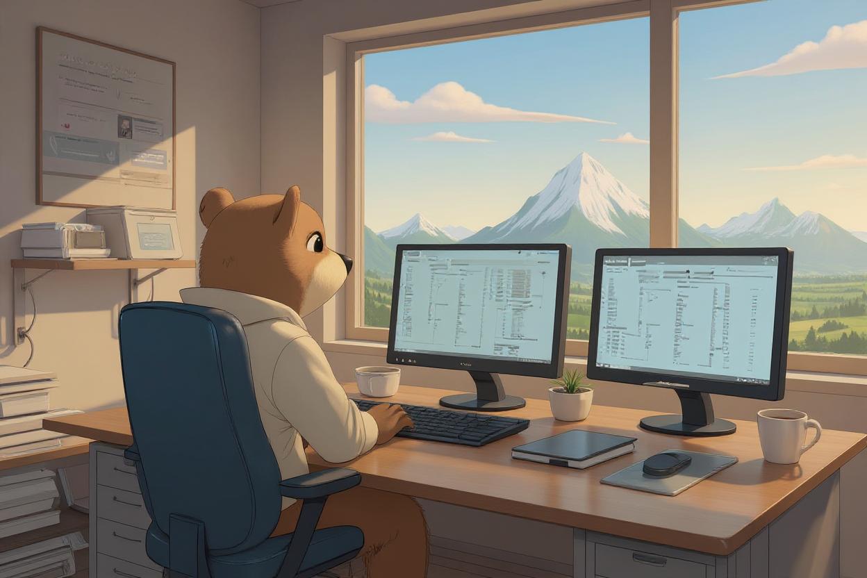 Whimsical cartoon illustration of a determined Gopher mascot sitting at a computer building a Hugo blog with floating markdown files and GitHub icons
