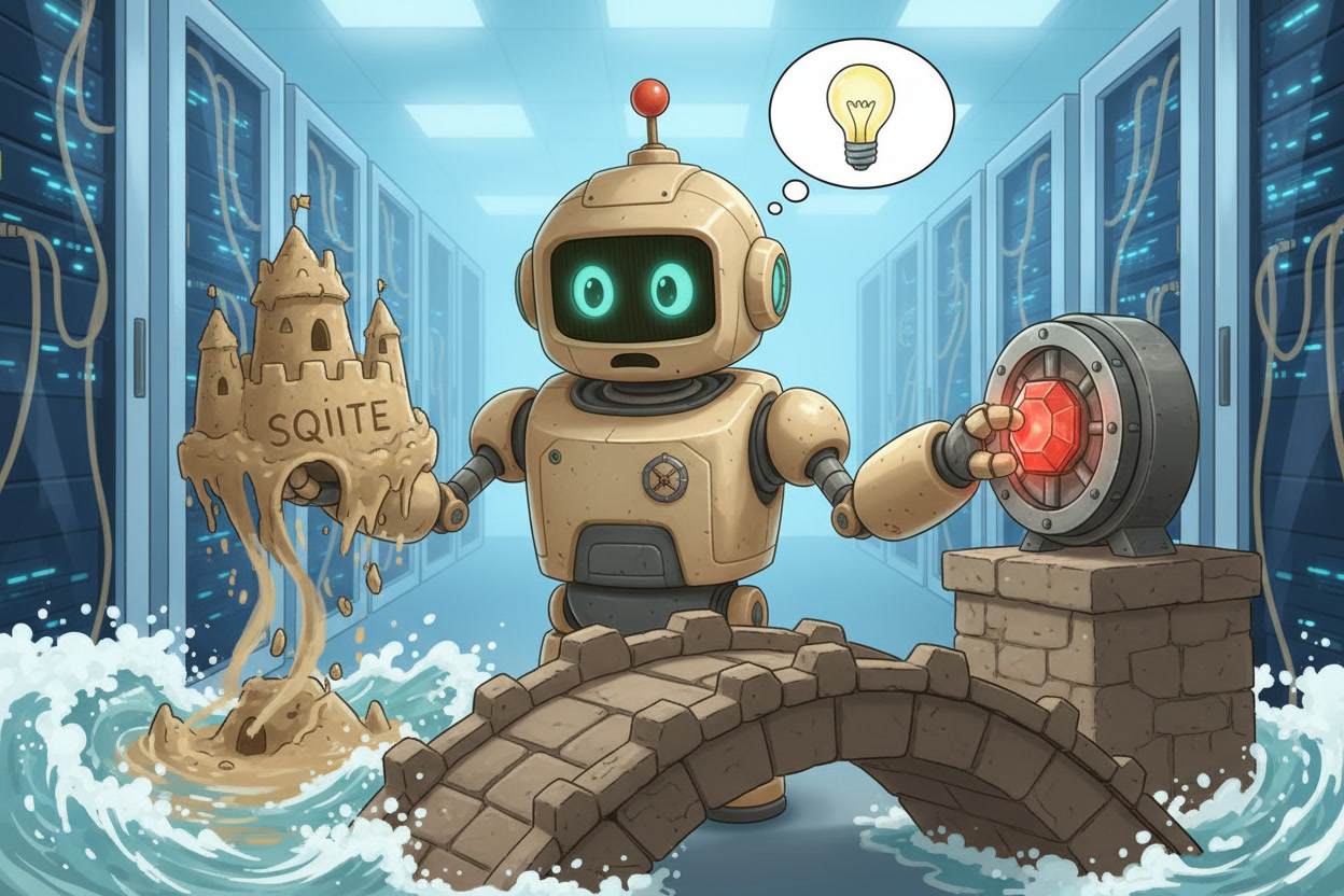 Whimsical cartoon robot moving from a crumbling SQLite sandcastle to a sturdy Redis vault