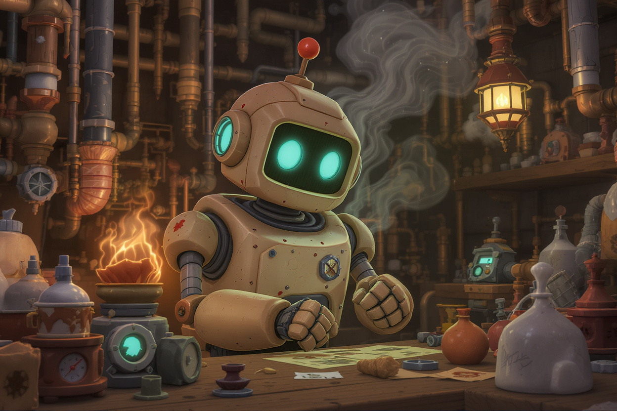 Whimsical illustration of a home AI laboratory with servers, containers, and neural networks