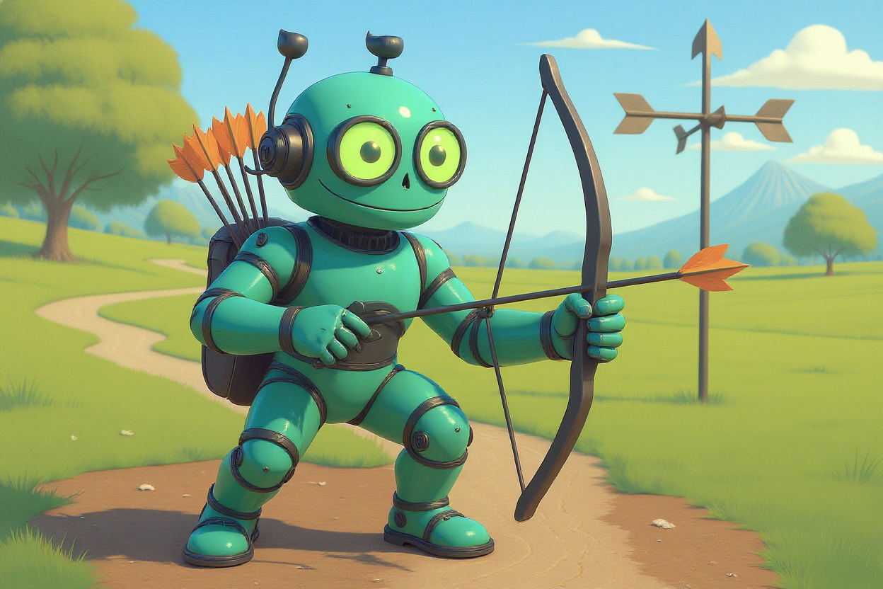 AI robot with bow and arrow representing vector similarity search and targeting in RAG pipelines