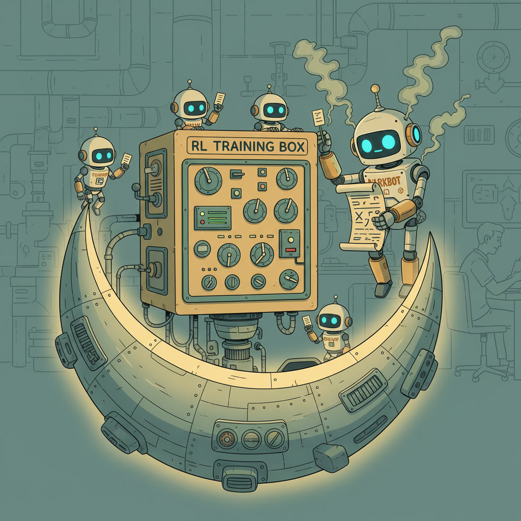 Whimsical robots on a crescent moon tuning dials on an RL Training Box while a MarkBot reads a scroll of equations and an engineer works nearby