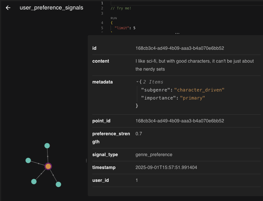 QDrant UI for user preference signals